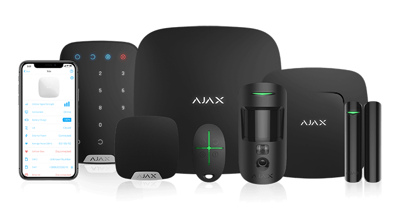 AJAX Einbruchmeldesystem mit Smartphone, Bedienteil, Zentrale, Bewegungs- und Öffnungsmeldern.
