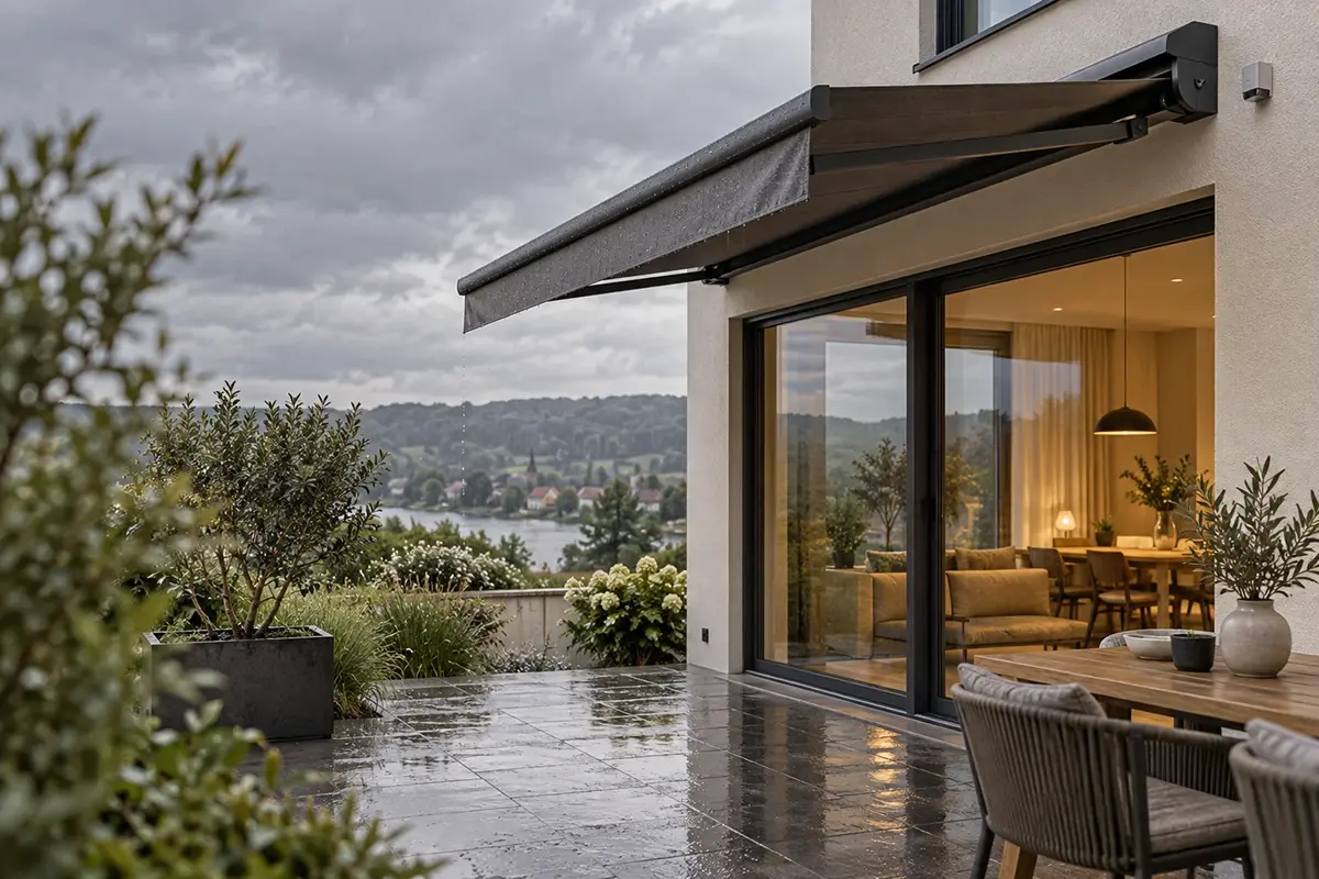 Ausgefahrene Markise über einer Terrasse bei schlechtem Wetter.