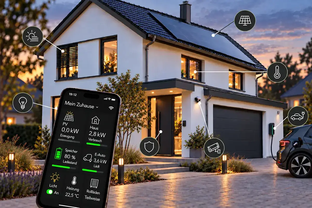 Smart-Home-Steuerung auf einem Smartphone vor einem Haus mit Photovoltaikanlage und E-Auto